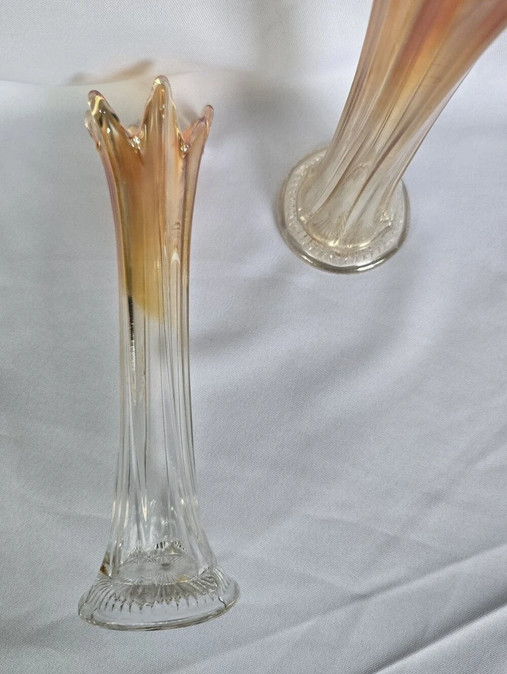 Vintage Marigold Carnival Glass Swung Vases Pair Star Crimp Rib